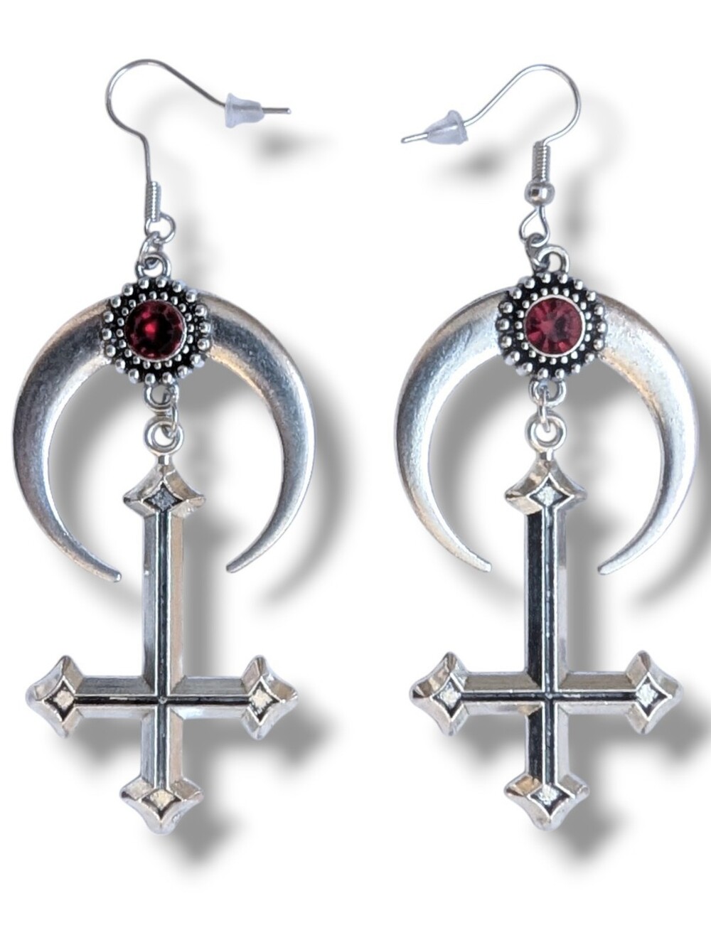 NWT Handmade Silver With Red Gem Crescent Moon and Inverted Cross Earrings